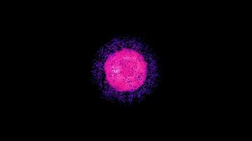 abstrakt Animation von Kugel von leuchtend Punkte. Animation. runden Cluster von Bokeh Flecken rotierend und Annäherung auf schwarz Hintergrund. Kugel von Punkte ist ähnlich zu Struktur von Molekül video
