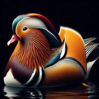 AI generated Beautiful and colorful mandarin duck on a black background. Wild life photo