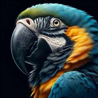 AI generated Realistic closeup of parrot isolated on black background. Wildlife. photo