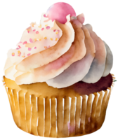 AI generated Watercolor and painting cupcake sweet cream with pink caramel topping on transparent png