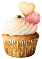 AI generated Watercolor and painting cupcake sweet cream with pink heart topping on transparent. Valentine day holiday concept png