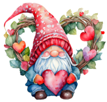 AI generated Watercolor and painting cute Gnome with red heart and flowers and green leaves garland on transparent. Valentine day holiday concept png