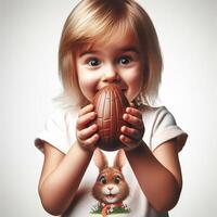 AI generated Child with big chocolate egg in hands. Easter time. photo