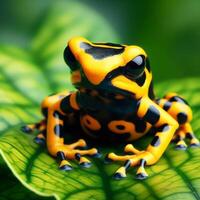 ai generado venenoso amarillo rana desde tropical regiones, dendrobates leucomelas. foto