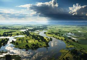 ai generado rural campos inundado después un grande tormenta con un montón de lluvia. clima cambio foto