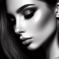 AI generated Portrait of woman's face with captivating elegant style and soft makeup. photo