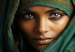 AI generated Close up of eyes of beautiful young Indian woman. Woman's Day. Tradition and culture. photo