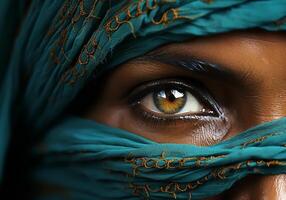 AI generated Close up of eyes of beautiful young Indian woman. Woman's Day. Tradition and culture. photo