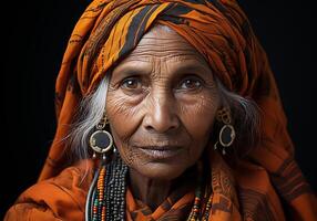 ai generado hermosa mayor indio mujer. mujer día. tradicion y cultura. foto