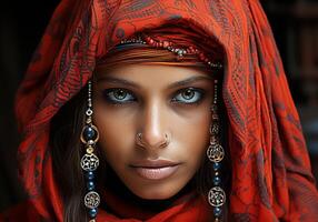 ai generado retrato de hermosa joven indio mujer. mujer día. tradicion y cultura. foto