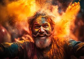 ai generado contento personas a el holi festival en India. tradiciones y cultura. foto