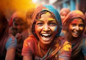 ai generado contento personas a el holi festival en India. tradiciones y cultura. foto