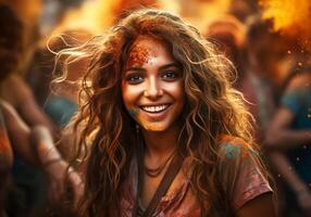 AI generated Happy people at the Holi Festival in India. Traditions and culture. photo