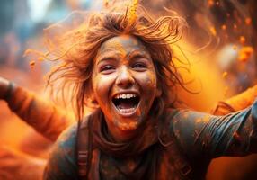 ai generado contento personas a el holi festival en India. tradiciones y cultura. foto