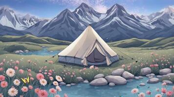 acampamento dentro a montanhas com lindo Visão do flores fundo looping video
