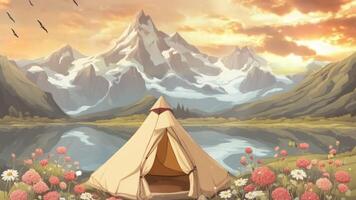 acampamento dentro a montanhas com lindo Visão do flores fundo looping video