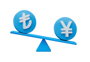 3d Weiß Lira und Yen Symbol auf gerundet Blau Symbole mit 3d Balance Gewicht Wippe, 3d Illustration png