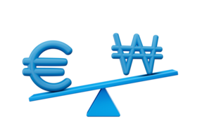 3d blauw euro en won symbool pictogrammen met 3d blauw balans gewicht wip, 3d illustratie png