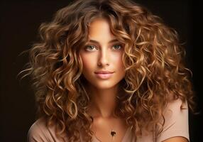 AI generated Beautiful woman with long curly hair. Woman's Day. photo