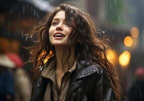 AI generated Portrait of beautiful woman under heavy rain. Rainy weather. photo