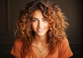 AI generated Beautiful woman with long curly hair. Woman's Day. photo