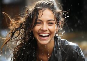 ai generado retrato de hermosa mujer debajo pesado lluvia. lluvioso clima. foto