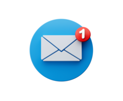 White envelope and the letter 1 on Red circle. Mail icon. 3d illustration png