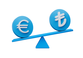 3d Weiß Euro und Lira Symbol auf gerundet Blau Symbole mit 3d Balance Gewicht Wippe, 3d Illustration png