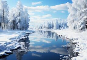 AI generated Winter landscape with white snowy trees photo