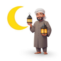 muslim man holding lanterns and moon on transparent background png