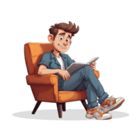 cartoon boy sitting in chair reading book, png