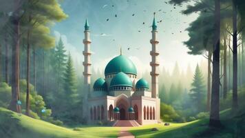 islamique animation de magnifique mosquée bâtiment et magnifique des arbres Contexte dans 3d illustration style. sans couture boucle vidéo Animé Contexte. video