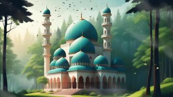 islamique animation de magnifique mosquée bâtiment et magnifique des arbres Contexte dans 3d illustration style. sans couture boucle vidéo Animé Contexte. video