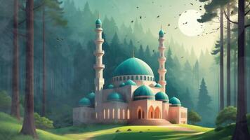 AI generated Islamic animation of beautiful mosque building and beautiful trees background in 3D illustration style. seamless looping video animated background.