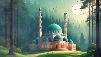 islamique animation de magnifique mosquée bâtiment et magnifique des arbres Contexte dans 3d illustration style. sans couture boucle vidéo Animé Contexte. video