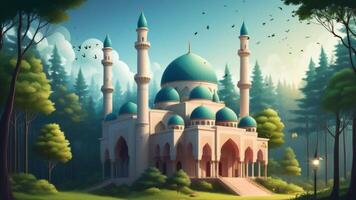 AI generated Islamic animation of beautiful mosque building and beautiful trees background in 3D illustration style. seamless looping video animated background.