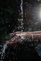 Hands wash procedure, cleaning hands with soap from viruses and contamination. Wash hands before dinner photo