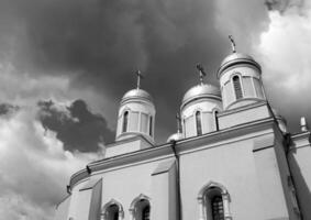 Black and white church buildding and sky photo