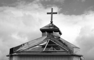 Black and white church buildding and sky photo