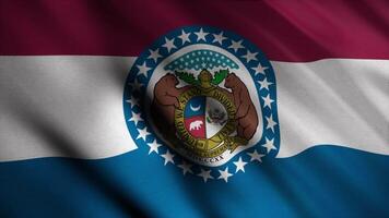 Abstract animation of Missouri State flag waving in the wind. Animation. The flag of the state of Missouri consists of red, white, and blue stripes, with the Great Seal of Missouri in the center. video