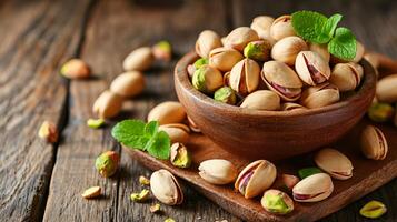 ai generado pistacho nueces en cuenco en de madera mesa sano bocadillo y nutritivo comida opción foto