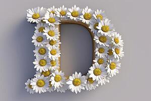 AI generated 3d daisy flower letter  d  isolated on white background   modern floral alphabet concept photo