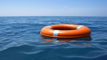 AI generated Red and white lifebuoy floating in the vast open sea for safety and security concept photo