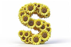 ai generado 3d girasol letra s en blanco fondo, floral tipografía para diseño y decoración foto