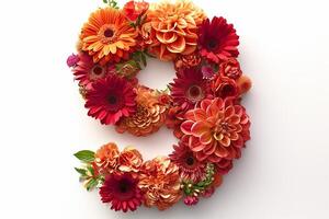 AI generated Vivid 3d modern style letter 9 composed of vibrant flowers, set against a pristine white backdrop photo