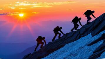 ai generado amigos alpinismo juntos, Ayudar cada otro alcanzar el montaña cumbre como un equipo foto