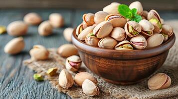 AI generated Pistachio nuts in a wooden bowl on a table   healthy and nutritious snack option. photo
