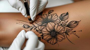 ai generado profesional tatuaje artista creando intrincado diseño en un mujer s pierna en un elegante tatuaje estudio foto