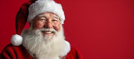 AI generated Funny santa claus with copy space on red background for text placement and design creativity photo