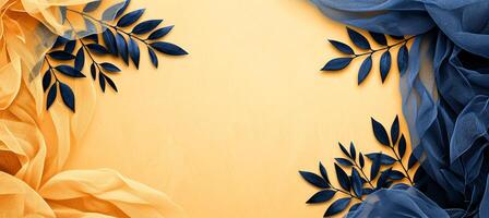 AI generated Tranquil yellow and blue backdrop with flowing silk and translucent leaves for a serene atmosphere photo